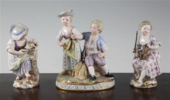 Two Meissen figures and a similar group, 19th century, 12.5cm, some damage